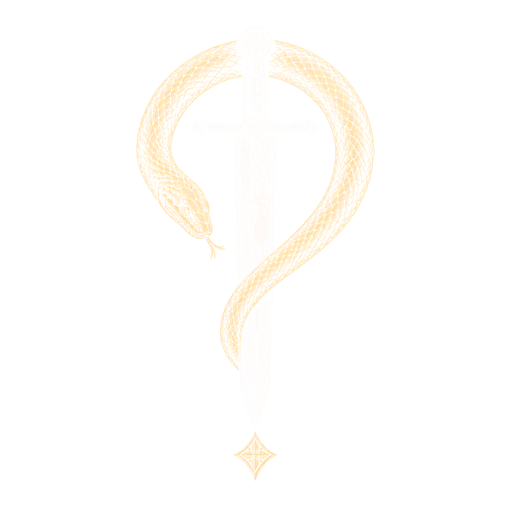 A serpent coiled into a question mark, pinned by a silver sword etched with seven to the seventh power